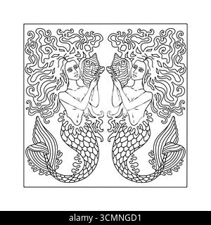 Art Nouveau Stil Meerjungfrau mit langen Haaren halten Muschel Hand gezeichnet monochrome einfache Färbung Buch Seite Vektor Illustration Stock Vektor