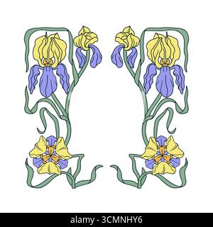 Vintage Art Nouveau Hand gezeichnet lila Iris Blume symmetrische Rahmen Vektor Illustration Stock Vektor