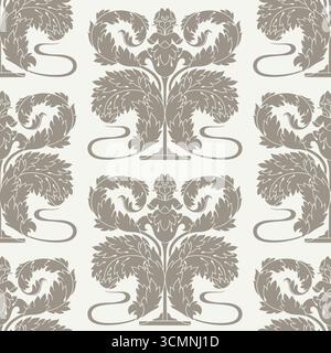 Handgezeichnete monochrome Silhouette Akanthus im Jugendstil hinterlässt nahtloses Damastmuster Stock Vektor