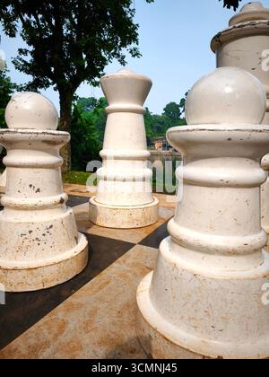 Ein riesiges Queen-Stück wird von anderen Outdoor-Schachfiguren eingerahmt, die auf einem großen karierten Brett mit natürlichem Hintergrund platziert werden. Stockfoto