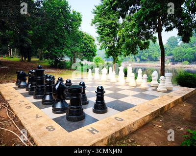 Ein riesiges Outdoor-Schachbrett mit großen schwarz-weißen Schachfiguren zum Spielen. Das Board befindet sich in einem Park, umgeben von einer natürlichen Atmosphäre Stockfoto