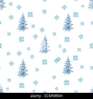 Nahtloses Muster mit blauen Fichten und Schneeflocken. Illustration auf weißem Hintergrund für das Design von Weihnachtspapier, Druck auf Auto Stockfoto
