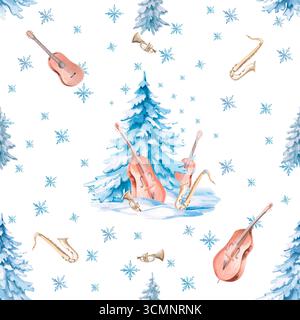 Nahtloses Muster mit blauen Fichten, Schneeflocken und Musikinstrumenten. Illustration für Weihnachtspapier, Druck auf Karten, Stoff, Einladungen Stockfoto