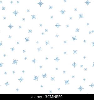 Nahtloses Muster mit Schneeflocken. Aquarellillustration für den Druck auf Stoff, Verpackung, Weihnachtsinnendesign, Kinderkleidung, Leinen, po Stockfoto