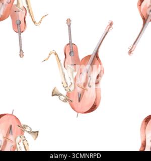 Nahtloses Muster mit einem Quartett von Musikinstrumenten. Aquarellillustration zum Thema Musik für die Gestaltung von Feiertagspackungen, Innenräumen, Stockfoto