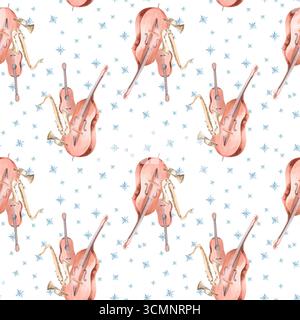 Nahtloses Muster mit einem Quartett von Musikinstrumenten auf einem Schneeflocken-Hintergrund. Aquarellillustration zum Thema Musik zu Weihnachten für d Stockfoto