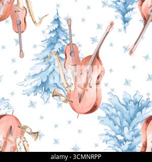 Nahtloses Muster mit Musikinstrumenten, Tannen und Schneeflocken. Aquarellillustration zum Thema Weihnachten für Verpackung, Innenausstattung, Druck Stockfoto