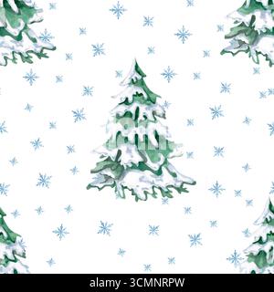 Nahtloses Muster mit Weihnachtsbäumen auf Schneeflocken Hintergrund. Aquarellillustration auf Weihnachtsthema für Feiertagspackung, Inneneinrichtung, Druck Stockfoto