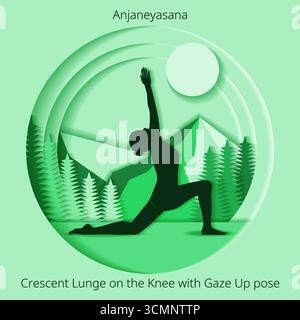Anjaneyasana Yoga Pose. Halbmond Ausfallschritt auf dem Knie mit Blickposition nach oben. Papierschnitt. Isolierte Vektordarstellung. Stock Vektor
