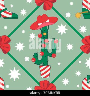 Nahtloses Cowgirl-Weihnachtsmuster. WinterCowboy-Thema, Stiefel wie weihnachtlicher Zuckerrohr, Kakteen wie Weihnachten drei und Bogen im Weihnachtsstil Rot und Grün. Druck für Geschenkpapier, Neujahrsfeier. Stock Vektor