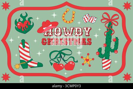 Cowgirl Christmas Sticker Set. Cowboy-Western-Thema, Stiefel wie Christmas Candy Stöcke, Kirschen, Kakteen wie Christmas Three in Red and Green Christmas Style. Stock Vektor