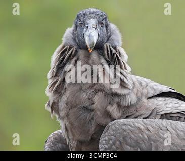 Frontale Nahaufnahme eines jungen weiblichen Andenkondors (Vultur gryphus) Stockfoto