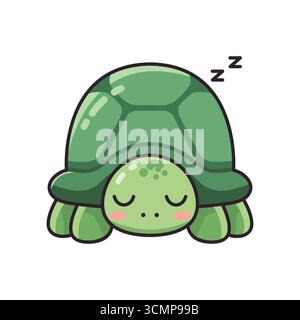 Nettes schlafendes grünes Schildkrötenmaskottchen flaches Design Zeichentrickfigur Vektor Stock Vektor