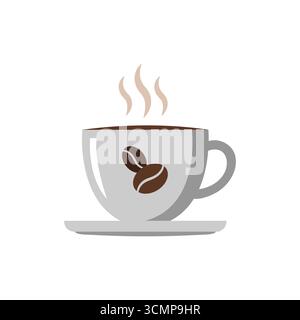 Heiße Kaffeetasse mit Dampf und Kaffeebohnen Design flache Icon Vektor Stock Vektor