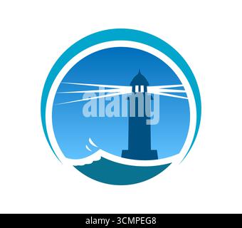 Leuchtturm und Leuchtturm-Symbol mit Lichtstrahl, der über einen kreisförmigen blauen Hintergrund strahlt, und Meereswellen an der Basis. Vektorrundes Seefahreremblem, symbolisiert Führung, Sicherheit und Seeschifffahrt Stock Vektor