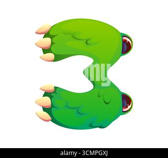 Bizarrer Monster-Charakter, Schriftzeichen 3 drei. Verrückte Bugaboo Kreatur Kinder ABC Typ Zahlensymbol, Halloween bogle Personage Cartoon Vektor Schriftart Ziffer. Monster-Charakter Buchstaben Schriftart Figur Stock Vektor