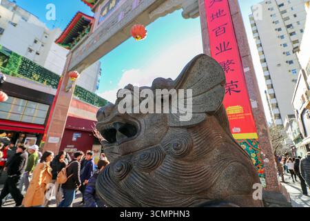 Nahaufnahme eines der Schutzlöwen (Fu-Hunde) am Fuß des Eingangsbogens zu Buenos Aires' Chinatown, ein Geschenk der chinesischen Gemeinde, die sie liebt Stockfoto
