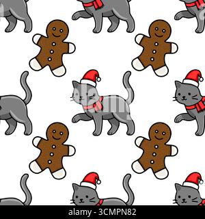 Nahtloses Vektor-Weihnachtsmuster mit bezaubernden grauen Katzen, die Santa-Hüte und -Tücher zusammen mit fröhlichen Lebkuchenmännern tragen und ein festliches A schaffen Stock Vektor