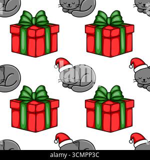 Nahtloses Vektor-Weihnachtsmuster mit entzückenden, grauen Katzen, die Santa-Hüte und rote Geschenkboxen mit grünen Bändern tragen, schaffen ein festliches A Stock Vektor