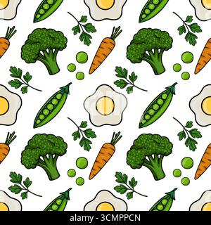Nahtloses Vektormuster mit lebhaften Illustrationen von Brokkoli, Karotten, Erbsen, Petersilie und Spiegeleiern, Schaffung einer fröhlichen und gesunden Nahrung sie Stock Vektor
