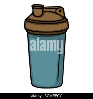 Diese Vektor-Illustration zeigt eine blaue Protein-Shaker-Flasche mit braunem Deckel und einem detaillierten Design, das die Funktionalität und den sportlichen Charakter unterstreicht Stock Vektor