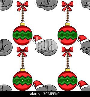 Nahtloses Vektor-Weihnachtsmuster mit entzückenden, grauen Schlafkatzen, die Weihnachtsmützen tragen und rote und grüne Kugeln mit roten Schleifen hängen. Stock Vektor
