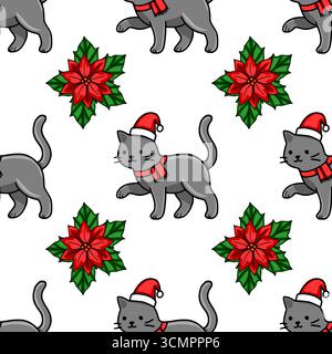 Nahtloses Vektor-Weihnachtsmuster mit entzückenden grauen Katzen, die Santa-Hüte und rote Tücher tragen, durchsetzt mit leuchtenden Weihnachtsstern Blumen für A Stock Vektor