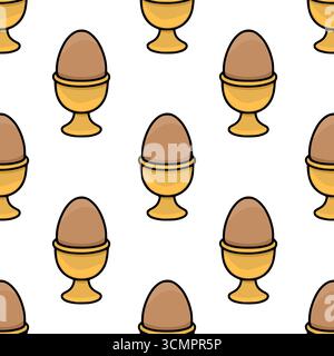 Nahtloses Vektormuster von braunen Eiern in goldenen Eierbecher, eine entzückende Illustration, die perfekt für Ostermotive oder Frühstücksmenüs ist, mit einem Stock Vektor