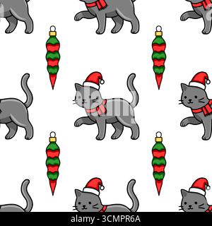 Nahtloses Vektor-Weihnachtsmuster mit entzückenden grauen Katzen, die Santa-Hüte und rote Tücher tragen, verspielt mit festlichem Rot und Grün o durchsetzt Stock Vektor