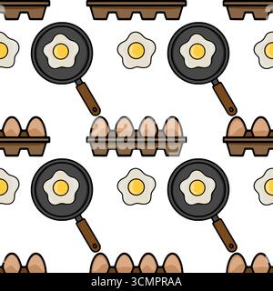 Nahtloses Vektormuster mit Spiegeleiern in einer Pfanne, einzelnen Spiegeleiern und Eischachteln, die ein verspieltes und appetitliches Küchendesign schaffen Stock Vektor