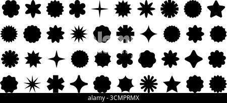Sternförmige Aufkleber. Rundes Starburst-Abzeichen. Kreisförmiges Schild für Rabatt- und Angebotsdesign. Vektor-y2k-Elemente mit Muschel und Zickzack. Stock Vektor
