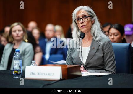 Susan Monarez, ehemalige Direktorin des Centers for Disease Control and Prevention, spricht während einer Anhörung des Senatsausschusses für Gesundheit, Bildung, Arbeit und Pensionen, eine Woche nachdem sie am Mittwoch, den 17. September 2025, auf das US-Kapitol in Washington, DC gefeuert wurde. Monarez, der erste Senat bestätigte Direktor der CDC, behauptet, dass der Gesundheits- und Gesundheitsminister Robert F. Kennedy Jr. versucht habe, sie zu drängen, Impfempfehlungen von einem Komitee, das Anti-Impfstoff-Aktivisten enthält, vorab zu genehmigen. Foto von Aaron Schwartz/UPI Stockfoto