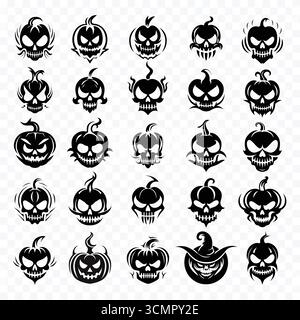 Eine Sammlung von 25 Halloween Kürbis Silhouetten in verschiedenen gruseligen Vektordesigns, mit geschnitzten Gesichtern, gruseligen Ausdrücken und festlichen saisonalen The Stock Vektor