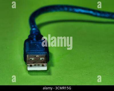 Blaues USB-Kabel auf leuchtendem grünem Hintergrund – Ein einzelnes, blaues USB-Kabel Typ A mit einer goldfarbenen Spitze liegt auf einer hellgrünen Oberfläche auf und erzeugt einen frachtbrief Stockfoto