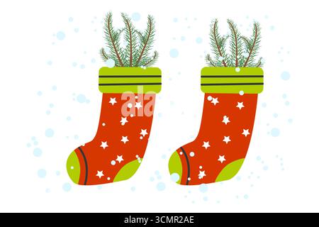 Weihnachtsstrumpf auf weißem Hintergrund. Weihnachtsstrumpf mit Tannenzweig innen und Schnee. Rote Weihnachtssocken für Geschenke. Winterliches Symbol. Vektor Stock Vektor