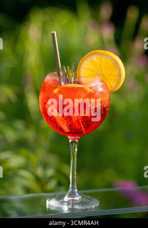 Glas klassischer roter Cocktail mit Eis und Orangenstücken auf grünem Gartenhintergrund Stockfoto