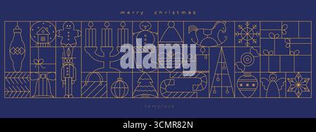 Merry Christmas Art Deco Banner, Karte, Box, Verpackungsdekoration. Dünne Linie Luxusdruck, Design, Vektorhintergrund. Einfache Symbole mit Spielzeug, Kugel Stock Vektor