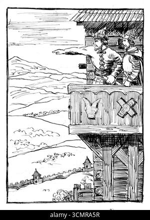 Illustration zum Märchen von Arnold Peter Weisz Kubincan, Gemälde der slowakischen Moderne aus dem frühen 20. Jahrhundert, skurrile Erzählszene, gemeinfreie Stockfoto