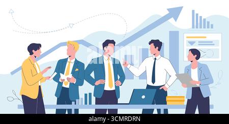 Business Team diskutiert Projektstrategie-Illustration mit Wachstumstabellen und professionellem Konzept für die Zusammenarbeit im Büro Stock Vektor
