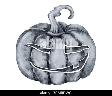 Aquarellschwarz lächelnder böse Kürbis für halloween lustige isolierte Illustration Tinte strukturierte Grafiken handgezeichnet Stockfoto