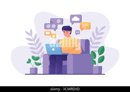 Mann, der Laptop zur Illustration der Online-Kommunikation mit Chat-Blasen und Symbolen für digitale Verbindungen verwendet Stock Vektor
