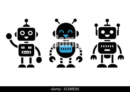 Niedliche Roboterfiguren, die künstliche Intelligenz, Robotik-Technologie und futuristisches Innovationskonzept darstellen Stock Vektor
