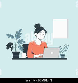 Junge Frau, die auf einem Laptop am Schreibtisch arbeitet, mit Pflanzen-Illustration für modernen Arbeitsplatz und Produktivität Stock Vektor