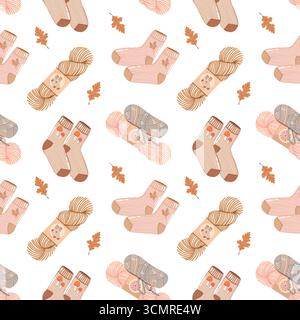 Ein warmes, kuscheliges, nahtloses Herbstmuster. Gestrickte Socken, Garn und Herbstblätter. Ein farbenfroher Hintergrund mit Herbstelementen und Attributen. Herbstmuster mit Strickartikeln. Vektorillustration auf weißem Hintergrund. Stock Vektor