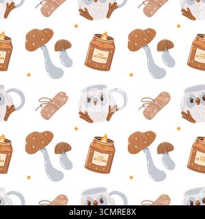 Ein warmes und gemütliches, nahtloses herbstliches Muster. Garn, Duftkerzen, Pilze und eine süße Tasse mit einer Eule. Ein farbenfroher Hintergrund mit herbstlichen Elementen und Attributen. Herbstmuster. Vektorillustration auf weißem Hintergrund. Stock Vektor