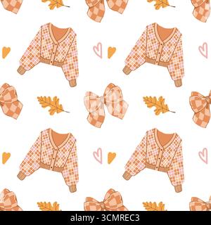 Ein warmes und gemütliches, nahtloses herbstliches Muster. Pullover, Schleife, Herbstkleidung, Blätter und Herzen auf weißem Hintergrund. Farbenfroher Hintergrund mit Herbstelementen und Attributen für Mädchen und Frauen. Vektor flache Illustration auf einem Modesthema. Stock Vektor