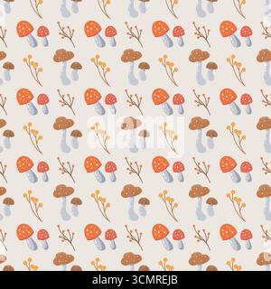Pilzmuster auf beigefarbenem Hintergrund. Einfacher nahtloser Hintergrund mit Fliegenpilzen, Stachelpilzen und wilden Beeren, neutrales Vektormuster. Skurriles, minimalistisches Herbstmuster. Illustration des flachen Vektors. Stock Vektor