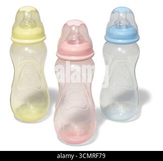 Babyflaschen auf weißem Hintergrund Stockfoto