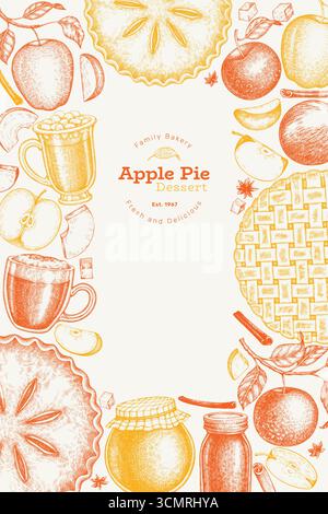 Handgezeichnete Vektor-Apfelkuchen-Illustration. Keine AI generiert. Herbst Saisonaler Hintergrund. Herbstsaison Gemütliches Banner. Vintage Harvest Designvorlage. Stock Vektor