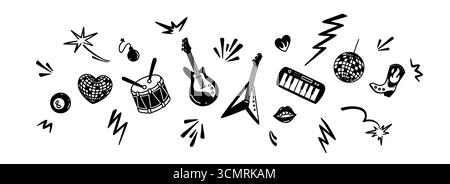 Punk-Rock-n-Roll-Musik-Hintergrund. Hand gezeichnete Linie Kritzelsymbol Set Vektor-Illustration. Aufkleber, Tattoo, Poster, Graffiti-Design. Retro-Party-Einladungen Stock Vektor